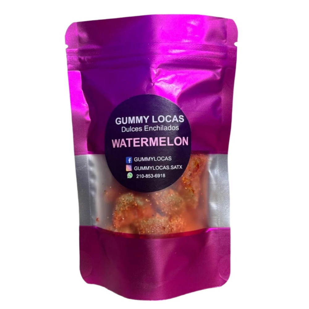 Gummy Watermelon pouch with chamoy-and-chili coated watermelon gummies