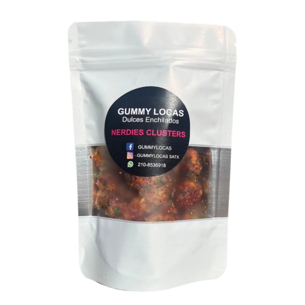 Close-up of chamoy-and-chili coated candy clusters with a crunchy-chewy texture