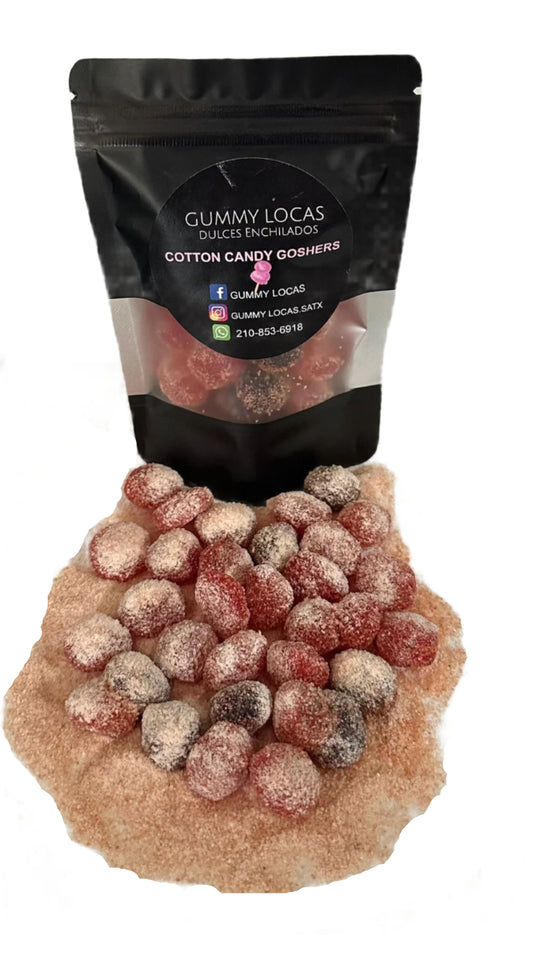 Gummy Locas cotton candy goshers with a black packaging bag 