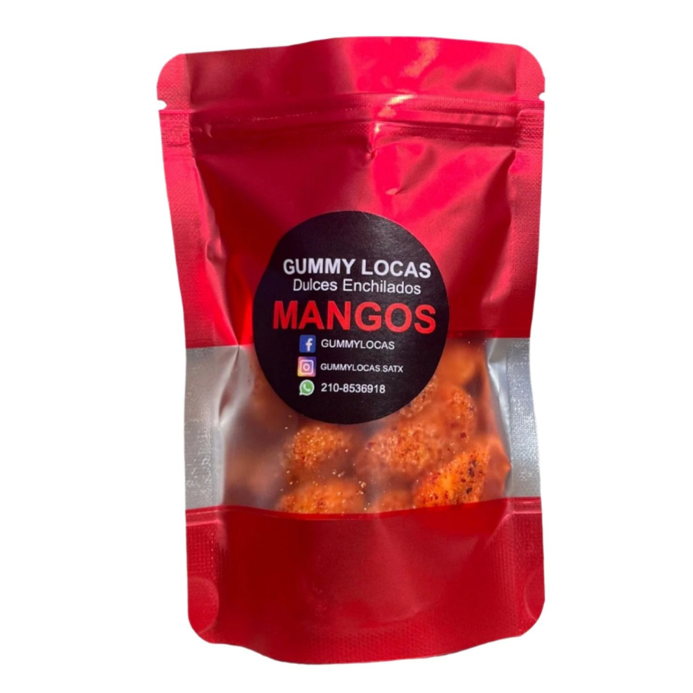 Gummy Mango pouch with chamoy-and-chili coated mango gummies