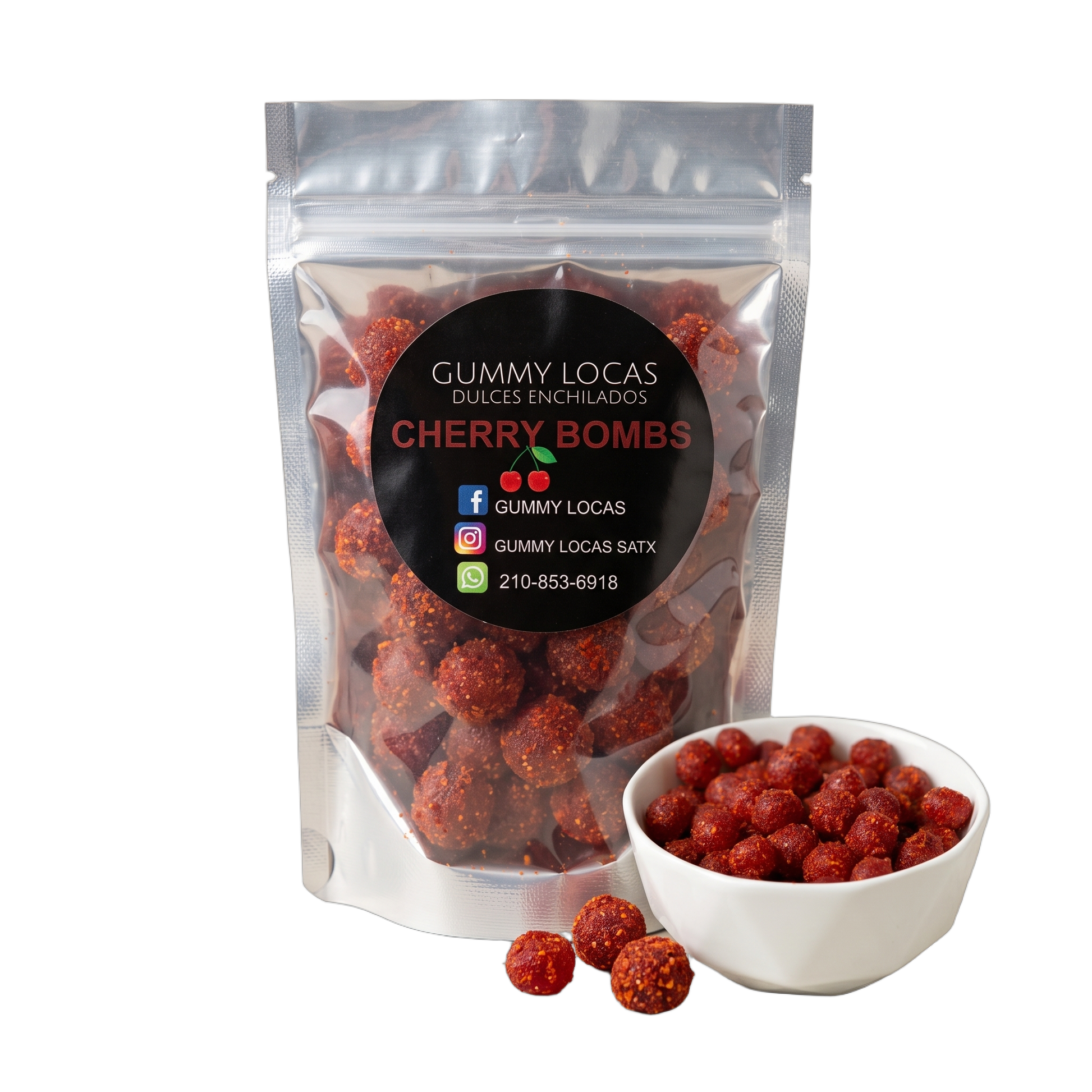 Chamoy Cherry Bombs pouch with red chili-coated gummy candy